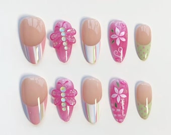 Süße 3D Libellen Nägel/ 3D Libellen Nägel/ 3D Libellen Nägel/ Kawaii Sommer Nägel/ Pinke Blumen Nägel/ Grün gepunktete Nägel/ Feiertags Nägel