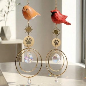 Personalized Pet Rainbow Bridge Gift – Custom Name Plate Suncatcher, Robin & Cardinal Wood Bird, Pet Loss Keepsake