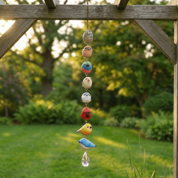 Hand-Carved Wooden Bird Suncatcher – Healing Rainbow Prism Soul Keepsake Folk Art Ornament for Bereavement Gift