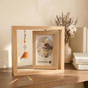 Handmade Rotating Custom Photo Wood Frame – Pet Memorial Gift, Rainbow Crystal Prism & Robin Decor,Pet Sympathy Gift