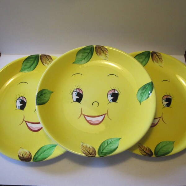 PY Anthropomorphic Yellow Lemon or Pear or Apple 9.5 inch Plates- Set of THREE Plates