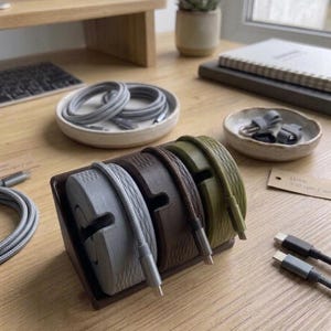 Puede incluir: Un escritorio de madera exhibe una variedad de accesorios tecnológicos. Un organizador marrón contiene cables de carga trenzados grises, marrones y verde oliva. Dos cables grises enrollados están en un plato de cerámica, y un plato pequeño contiene bridas para cables. Una pequeña planta suculenta está en una maceta beige.