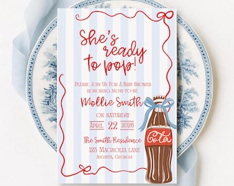 She's Ready to Pop Invitation Template | Baby Shower Invitation | Blue