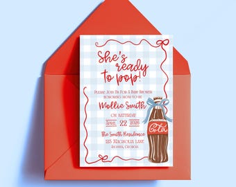She's Ready to Pop Invitation Template | Baby Shower Invitation | Blue Gingham