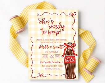 She's Ready to Pop Invitation Template | Baby Shower Invitation | Yellow Gingham | Gender Neutral