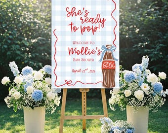 She's Ready to Pop Welcome Sign | Baby Shower Welcome Sign | Blue Gingham