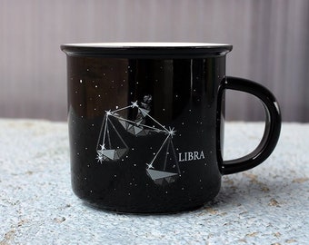 LIBRA Astrology Stargazer CAMP MUG, Libra Zodiac Ceramic Cup w/ Personality Traits, Libra Horoscope Constellation, Birthday October Gift