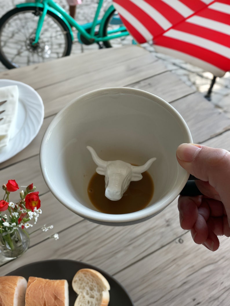 BULL COW Ceramic Mug by Creature Cups 3D Animal at Bottom of Coffee Cup Western Cowboy Gifts Texas Longhorn Yellowstone Souvenir image 3