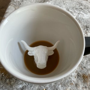 BULL COW Ceramic Mug by Creature Cups 3D Animal at Bottom of Coffee Cup Western Cowboy Gifts Texas Longhorn Yellowstone Souvenir image 1