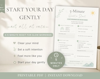 5-Minute Morning Reset Printable | Gentle Start Worksheet | Soft Daily Routine | Anxiety & Overthinking Relief | Minimal Self Care PDF