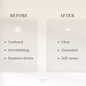 May include: A graphic with the words "BEFORE" and "AFTER" above two columns of text. The "BEFORE" column lists "Confused," "Overthinking," and "Emotion-driven." The "AFTER" column lists "Clear," "Grounded," and "Self-aware."