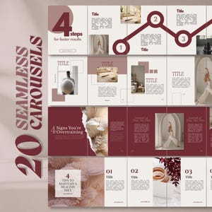 May include: A digital template set for social media carousels featuring twenty designs in a muted burgundy and cream color palette. The layouts include text placeholders, numbered steps, and imagery of yoga poses, wellness, and healthy food themes.