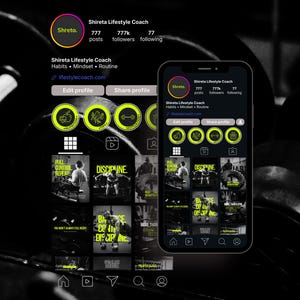 Puede incluir: Un teléfono inteligente muestra el perfil de Instagram de un entrenador de fitness, con un diseño en negro y verde neón. El perfil incluye el nombre del entrenador, el número de seguidores y las publicaciones. El perfil muestra publicaciones relacionadas con el fitness, los hábitos y la mentalidad.