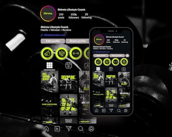 May include: A smartphone displays a fitness coach's Instagram profile, featuring a black and neon green color scheme. The profile includes the coach's name, follower count, and posts. The profile showcases posts related to fitness, habits, and mindset.