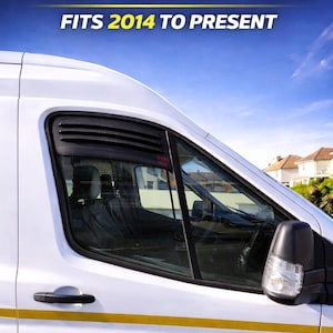 May include: White Ford Transit MK8 van with a black side window visor. The text "FORD TRANSIT MK8 FITS 2014 TO PRESENT" is displayed on the top. The text "R/H SIDE" is displayed on the bottom. The CocoGear logo is on the bottom right.