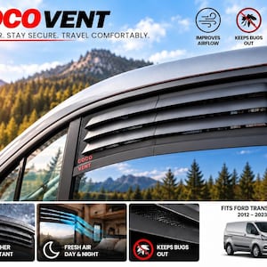 May include: Black louvered window vent insert for a Ford Transit Custom 2012-2023. The product features the text COCOVENT, improves airflow, keeps bugs out, and adds security. It is weather resistant and designed for day and night use.