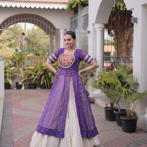 Bohemian Bandhani Kurti and Kora Cotton Lehenga Set | Heavy Kutchi Work with Shells & Mirror | 12m Ghera Lehenga