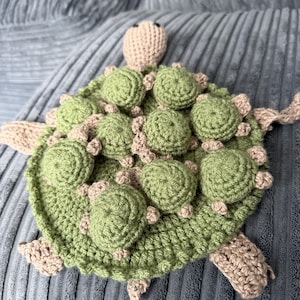 Peut inclure: Une tortue en crochet composée d'une grande base de carapace verte avec plusieurs formes circulaires vertes plus petites et surélevées fixées sur le dessus. La tortue a une tête beige clair et quatre membres beiges assortis sur les côtés.