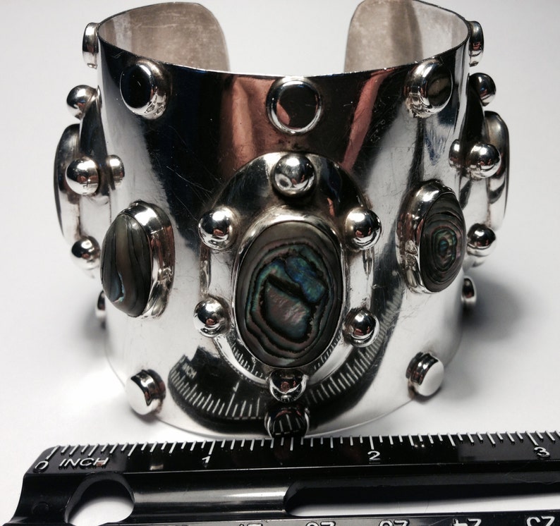 Gorgeous Mod Style Sterling Silver and Abalone Cuff Bracelet