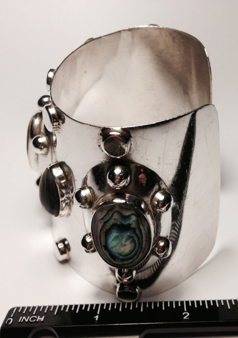 Gorgeous Mod Style Sterling Silver and Abalone Cuff Bracelet