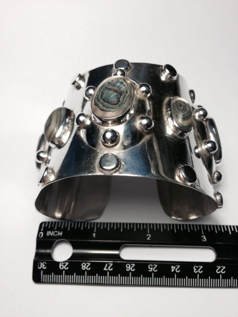 Gorgeous Mod Style Sterling Silver and Abalone Cuff Bracelet