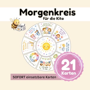 Könnte beinhalten: Ein kreisförmiges Lernplakat mit Illustrationen und Text auf Deutsch. Es zeigt eine lächelnde Sonne, eine Biene und den Text "Morgenkreis für die Kita". Es zeigt auch "21 Karten" und "SOFORT einsetzbare Karten".