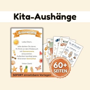 May include: A collection of printable educational posters with the title "Kita-Aushänge" in black. The posters feature illustrations and text in German, including reminders about sunscreen and hats. The image also includes a badge that says "60+ Seiten".