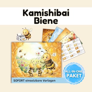 Pode incluir: Um conjunto de cartões ilustrados com abelhas de desenho animado, com o texto "Kamishibai Biene" e "ALL-IN-ONE PAKET". Os cartões retratam cenas de abelhas em um favo de mel, com o texto adicional "SOFORT einsetzbare Vorlagen".