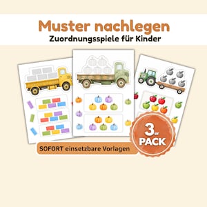 Könnte beinhalten: Drei pädagogische Arbeitsblätter mit Illustrationen eines gelben Lastwagens, eines grünen Lastwagens und eines grünen Traktors mit Anhänger. Die Blätter enthalten bunte Blöcke, Kürbisse und Äpfel für Zuordnungsspiele sowie den Text Muster nachlegen, Zuordnungsspiele für Kinder, SOFORT einsetzbare Vorlagen und 3er PACK.