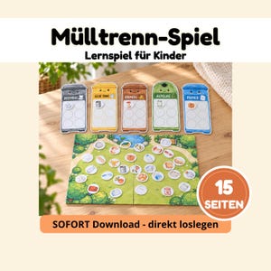 Könnte beinhalten: Ein Mülltrennung-Lernspiel mit fünf farbigen Tonnenkarten, beschriftet mit Restmüll, Gelbe Tonne, Biomüll, Altglas und Papier, sowie einem Spielbrett mit verschiedenen Abfall-Chips und einem runden Abzeichen mit 15 Seiten.