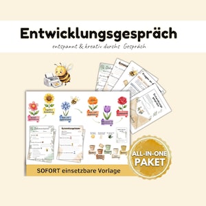 Peut inclure: Ensemble de matériel pédagogique avec le titre "Entwicklungsgespräch" en texte noir. L'image comprend des illustrations de fleurs, d'abeilles et d'une imprimante, ainsi que le texte "SOFORT einsetzbare Vorlage" et "ALL-IN-ONE PAKET".