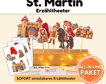 以下が含まれることがあります： St. Martin Erzähltheaterストーリーテリングキット。城、物乞い、兵士、馬、人々のグループの紙製切り抜きが棒に付いています。シーンカードとライトアップ機能付きの木製ベースが含まれています。テキストは「St. Martin Erzähltheater」および「ALL-IN-ONE PAKET」と記載されています。