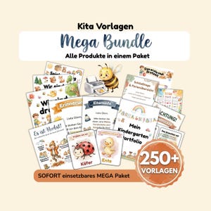 Könnte beinhalten: Ein Paket mit Lernmaterialien für einen Kindergarten. Das Bild zeigt verschiedene farbenfrohe Karten und Arbeitsblätter mit Illustrationen von Tieren, saisonalen Themen und dem Text "Mega Bundle". Der Text "250+ Vorlagen" ist ebenfalls enthalten.
