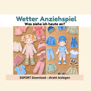 Puede incluir: Un set de muñecos de papel titulado Wetter Anziehspiel Was ziehe ich heute an? que incluye dos personajes ilustrados con diversas prendas de vestir como suéteres, pantalones, chaquetas, gorros y botas en múltiples colores y patrones para jugar.