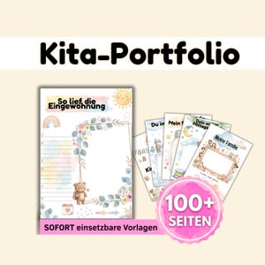 May include: A collection of children's portfolio pages with the title "Kita-Portfolio" in black. The pages feature illustrations of a teddy bear, a rainbow, and floral designs. The text "100+ Seiten" is in a pink circle.