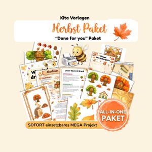 Puede incluir: Una colección de materiales educativos impresos titulados Kita Vorlagen Herbst Paket y Done for you Paket, con ilustraciones de hojas de otoño, árboles, un erizo y una abeja, junto a una insignia circular con el texto ALL-IN-ONE PAKET.