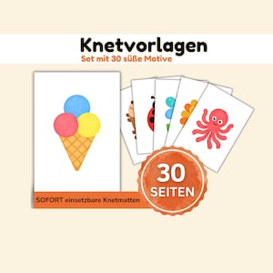 Könnte beinhalten: Ein Set aus 30 ausdruckbaren Knetvorlagen mit Motiven wie einem Eiswaffel, einem Marienkäfer und einem Oktopus. Der Text lautet Knetvorlagen, Set mit 30 süße Motive, SOFORT einsetzbare Knetmatten und 30 SEITEN auf einem runden orangefarbenen Abzeichen.