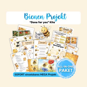 Pode incluir: Uma coleção de materiais educativos com tema de abelhas. A imagem apresenta várias páginas impressas, ilustrações de abelhas, flores e padrões de favo de mel. O texto inclui "Bienen Projekt", "Done for you Kita", e "ALL-IN-ONE PAKET".