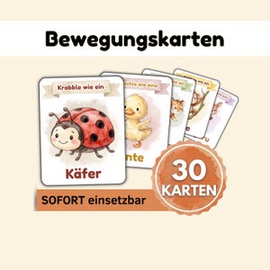 Könnte beinhalten: Ein Set von 30 illustrierten Karten für Kinder, mit einem Marienkäfer, einem Entchen, einem Tiger, einem Affen und einem Känguru. Die Karten tragen die Aufschrift "Bewegungskarten" und "SOFORT einsetzbar".