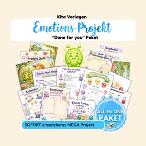 Könnte beinhalten: Eine Sammlung von pädagogischen Vorlagen mit dem Titel Kita Vorlagen Emotions-Projekt Done for you Paket. Die Blätter zeigen bunte Illustrationen von Comicfiguren, emotionale Diagramme und deutschen Text, darunter Überschriften wie Elterninfo und Gefühle.