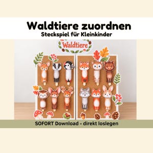 Może przedstawiać: Gra dopasowująca dla małych dzieci zatytułowana Waldtiere zuordnen Steckspiel für Kleinkinder. Plansza zawiera ilustracje zwierząt leśnych, w tym jelenia, borsuka, dzięcioła, lisa, sowy, dzika, jeża i królika, z napisem Waldtiere na górze.