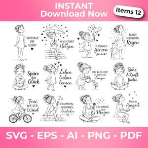 May include: Black and white digital illustrations featuring whimsical drawings of girls in various poses, with inspirational phrases in German. Includes images of girls with umbrellas, balloons, and bicycles. The words "INSTANT Download Now" and "Items 12" are also visible.