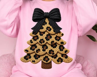 Leopard Weihnachtsbaum PNG, Faux Garn Stickerei Weihnachtsdesign, trendige Urlaub Sublimation PNG, Frohe Weihnachten Winter Digital Download