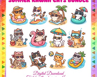 Letni pakiet Kawaii Cat SVG, uroczy obrazek PNG z kotem na plaży, wakacyjny kotek SVG Eps Ai PDF, plik Cricut, projekt letniej koszulki