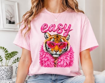 Easy Tiger PNG, design di maglietta con tigre alla moda per preppy, grafica estiva da boutique femminile, sublimazione con frase virale, download digitale
