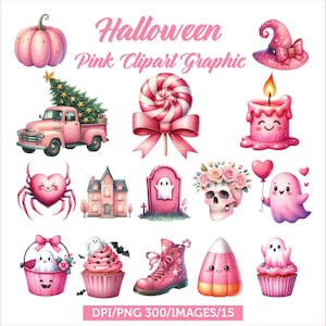 Könnte beinhalten: Eine Sammlung von digitalen Grafiken zum Thema Halloween in Pink, darunter ein Kürbis, ein Hexenhut, ein Truck mit Baum, ein Lutscher, eine Kerze, eine Herzspinne, ein Haus, ein Grabstein, ein Totenkopf mit Blumen, ein Geist mit Ballon, ein Cupcake, ein Stiefel und ein Zuckermais.