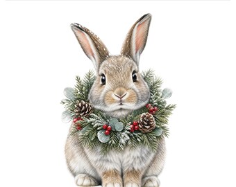 Winter Rabbit PNG, Christmas Wreath Bunny Holiday Design, Dainty Woodland Sublimation Shirt Graphic, Digital Download