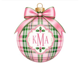 Preppy Christmas Ornament PNG, Pink Plaid Monogram Holiday Design, Personalized Sublimation Shirt Graphic, Digital Download