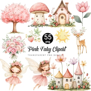 Blush Pink Fairy Garden PNG Bundle, African American Fairy Clipart, Black Fairy PNG, Watercolor Fantasy Fairy Art, Magical Digital Download