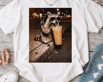Funny Raccoon Drinking Coffee PNG, Iced Coffee Clipart, Retro Animal Meme Sublimation, Coffee Lover Gift Digital Download